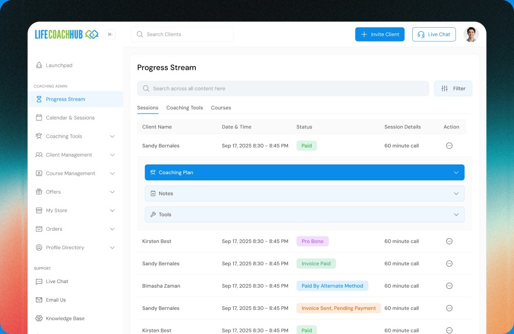 Life Coach Hub SaaS dashboard