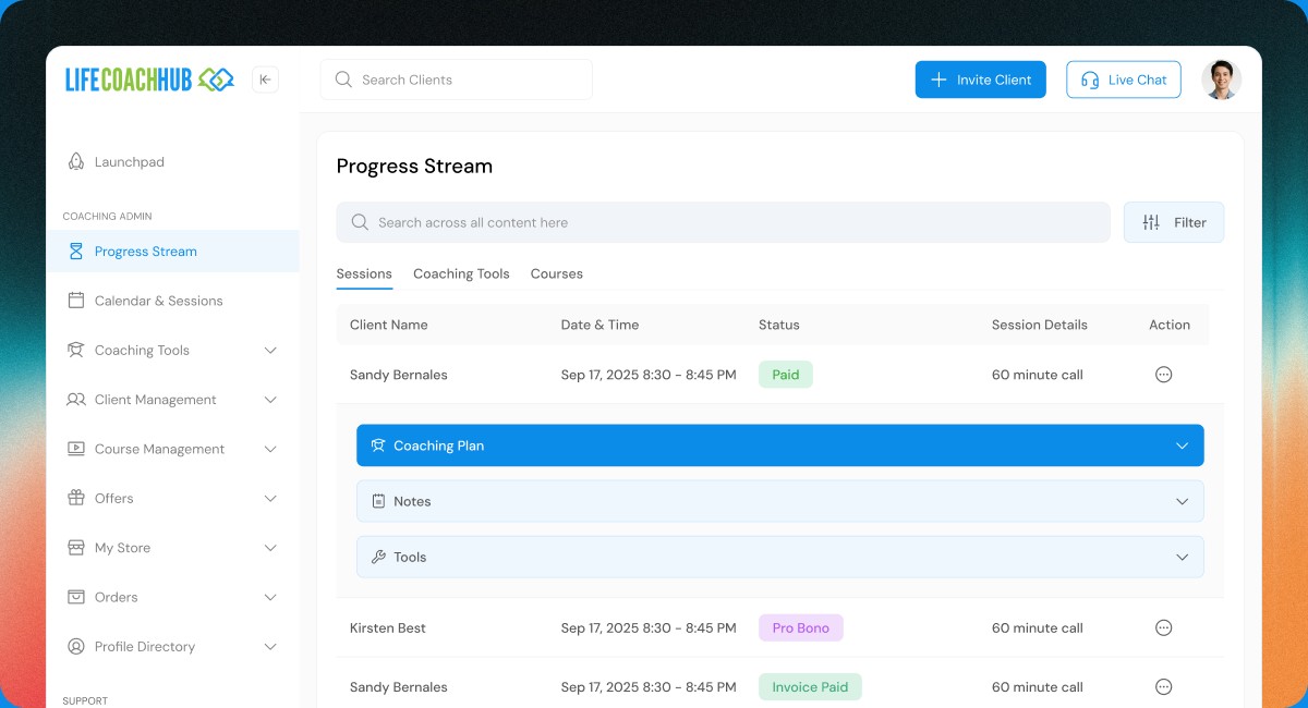 Life Coach Hub SaaS dashboard